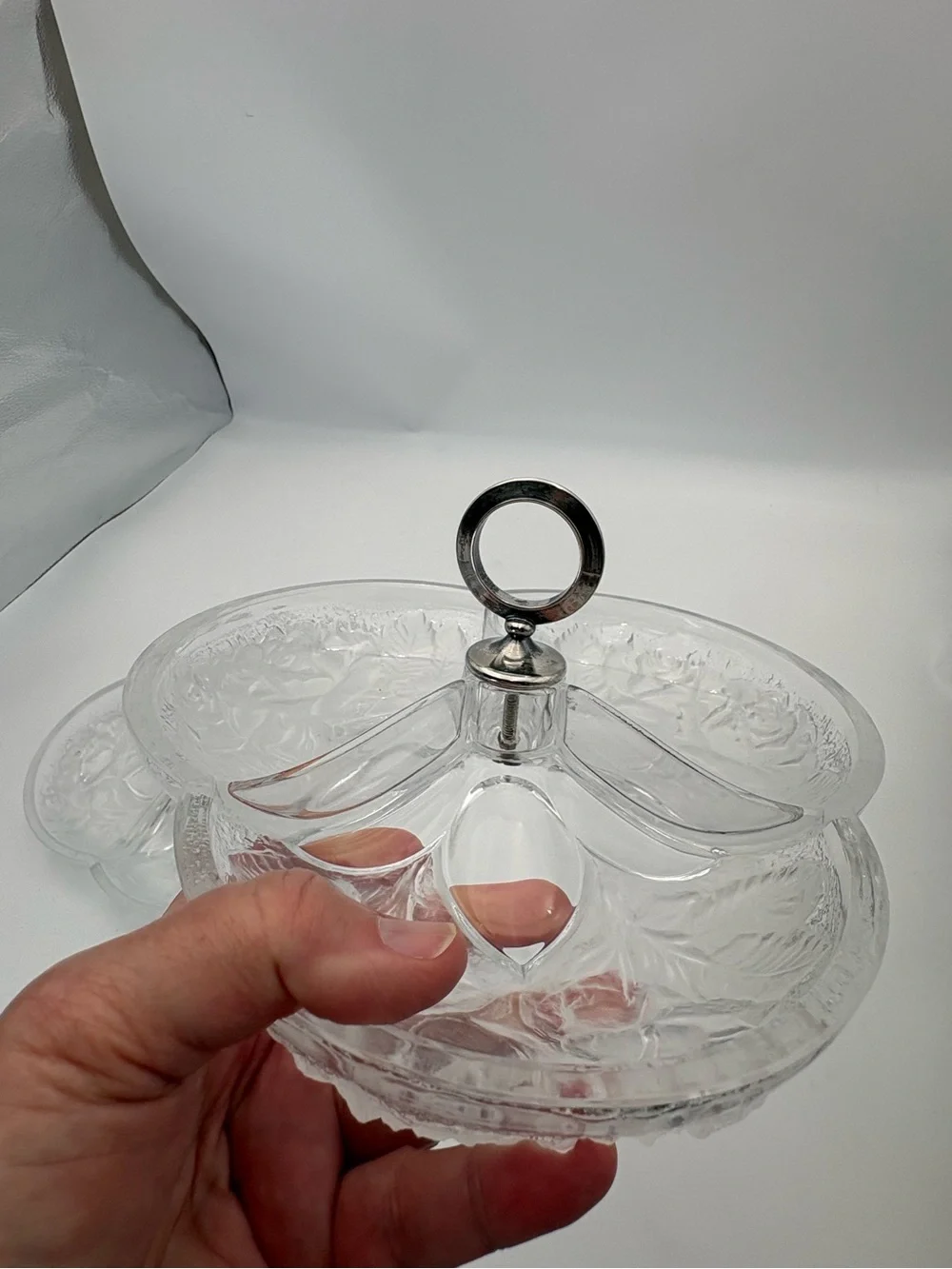 Gorgeous Vintage Crystal Divided Serving Dish Pair In Frosted Rose Pattern